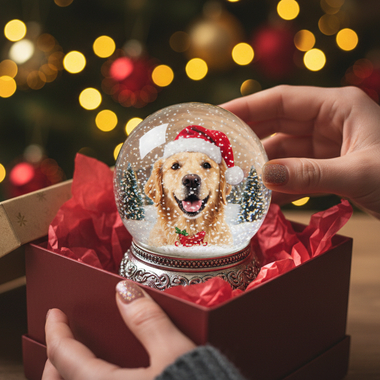have a image of a box unboxing a snowglobe with excitement. make the globe have a christmas photo of a pet inside. make the photo fill up the snow globe